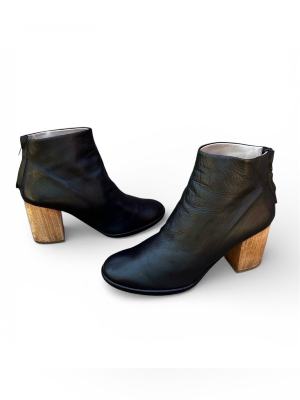 $995~HELMUT LANG~Black Leather Ankle Boots~Booties~Wood Block Heels~6/6.5/36